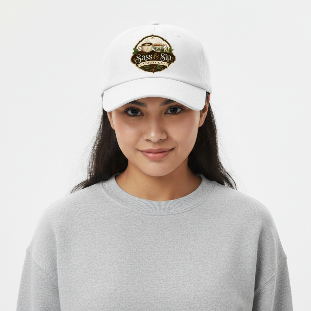 White Dad or Mom Hat with Sass & Sip Coffee Co. logo