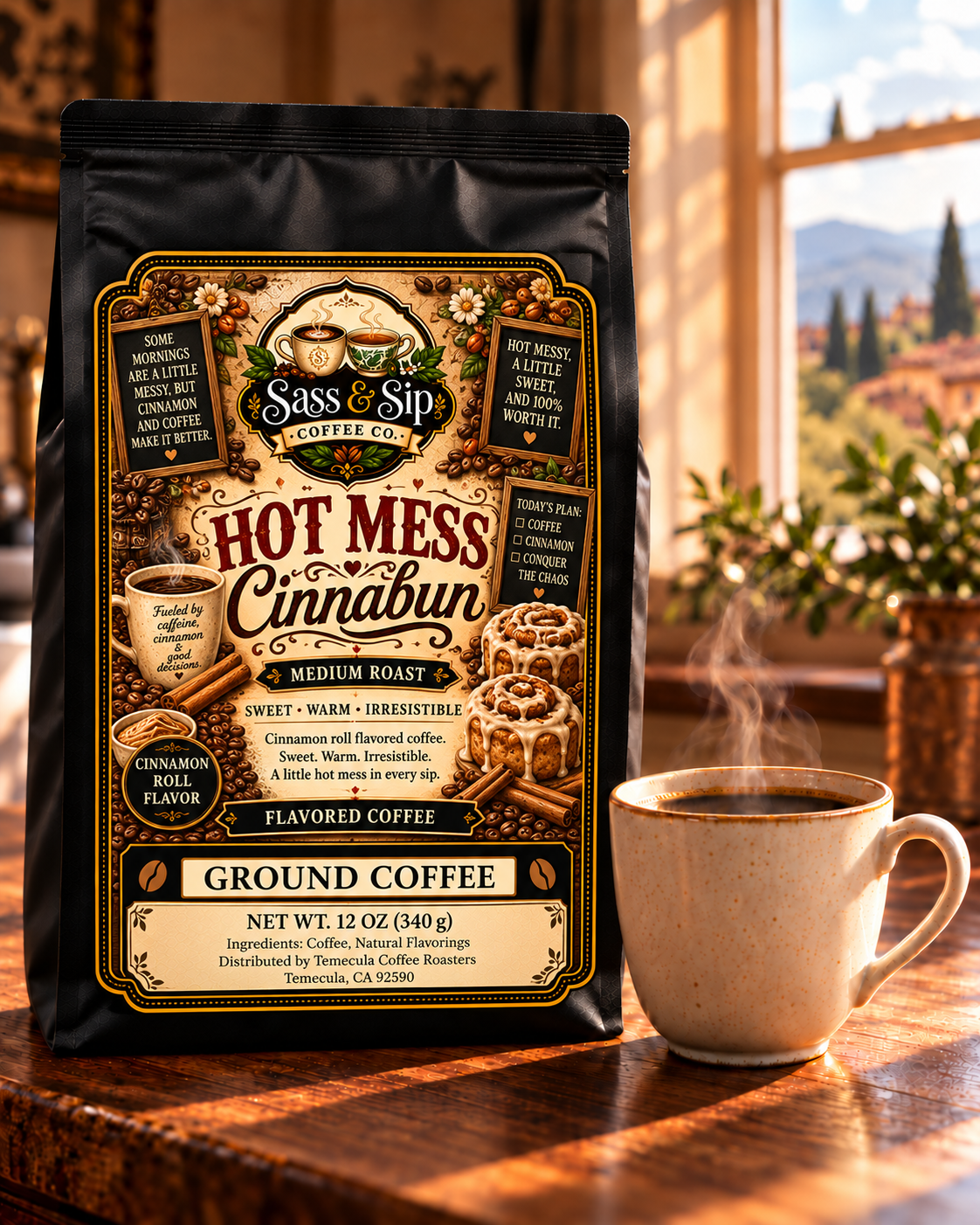 Hot Mess Cinnabun flavored coffee, one of 6 coffees in the Flavor With Attitude Sampler (full-size bag shown; sampler includes 2 oz packs)