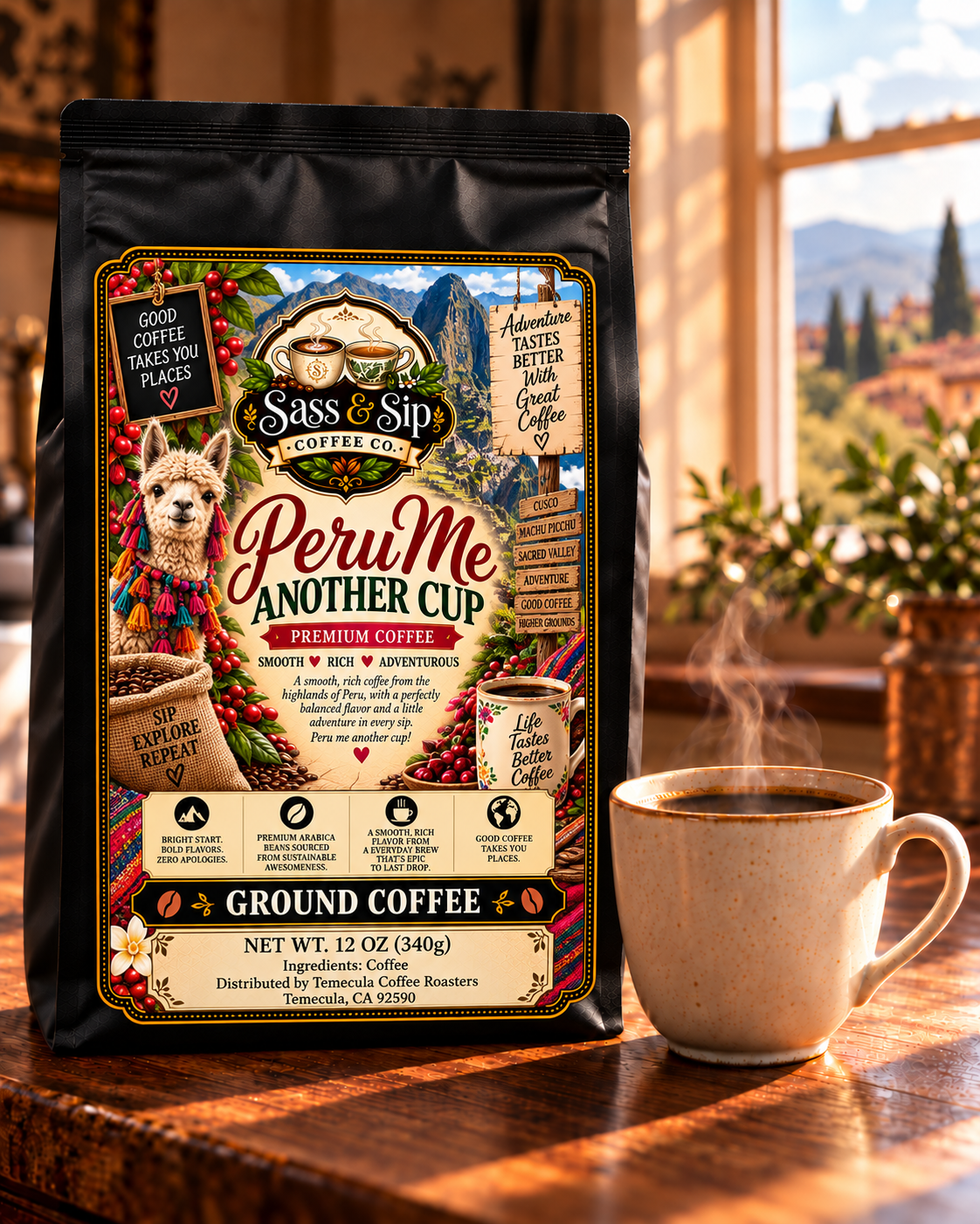 Peru Me Another Cup single-origin coffee, one of 6 coffees in the Greatest Sips Sampler (full-size bag shown; sampler includes 2 oz packs)