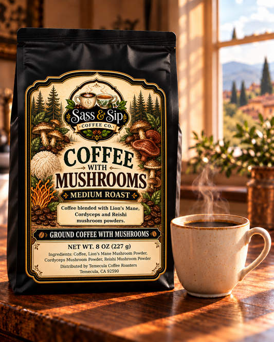 Coffee with Mushrooms — Medium Roast, Ground, 8 oz