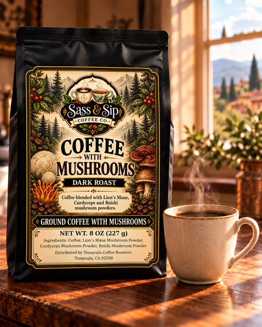 Coffee with Mushrooms — Dark Roast, Ground, 8 oz