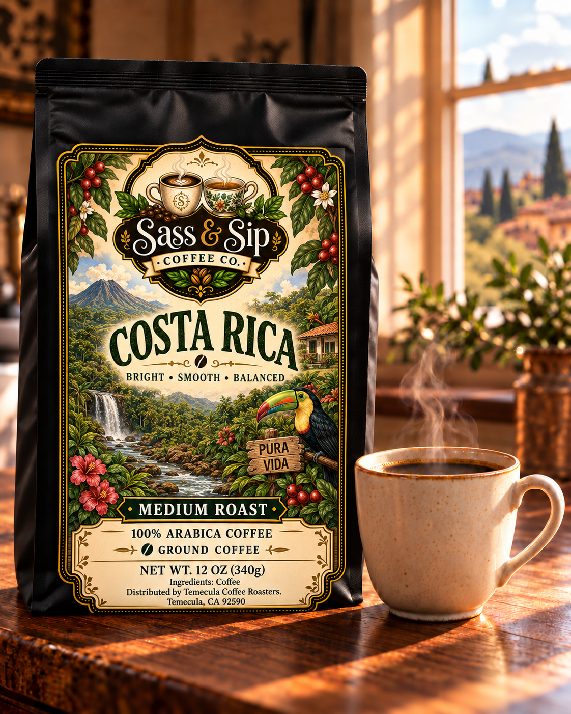 Costa Rica single-origin coffee, one of 6 coffees in the Worldly Sassy Sampler (full-size bag shown; sampler includes 2 oz packs)
