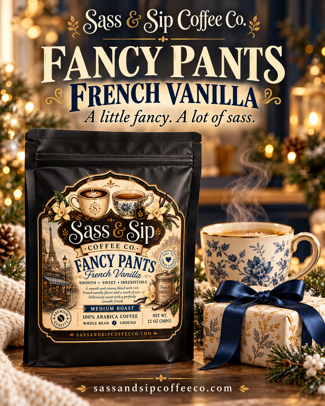 Fancy Pants French Vanilla flavored coffee, one of 6 coffees in the Flavor With Attitude Sampler (full-size bag shown; sampler includes 2 oz packs)