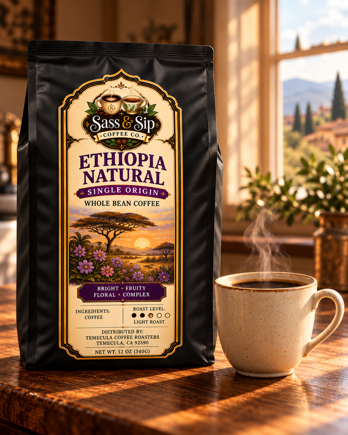 Ethiopia single-origin coffee, one of 6 coffees in the Worldly Sassy Sampler (full-size bag shown; sampler includes 2 oz packs)