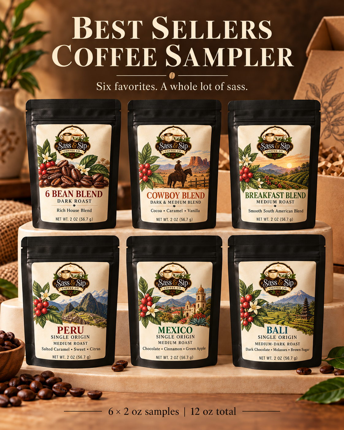 The Greatest Sips Coffee Sampler: 6 best-selling coffees in 2 oz packs from Sass & Sip Coffee Co.