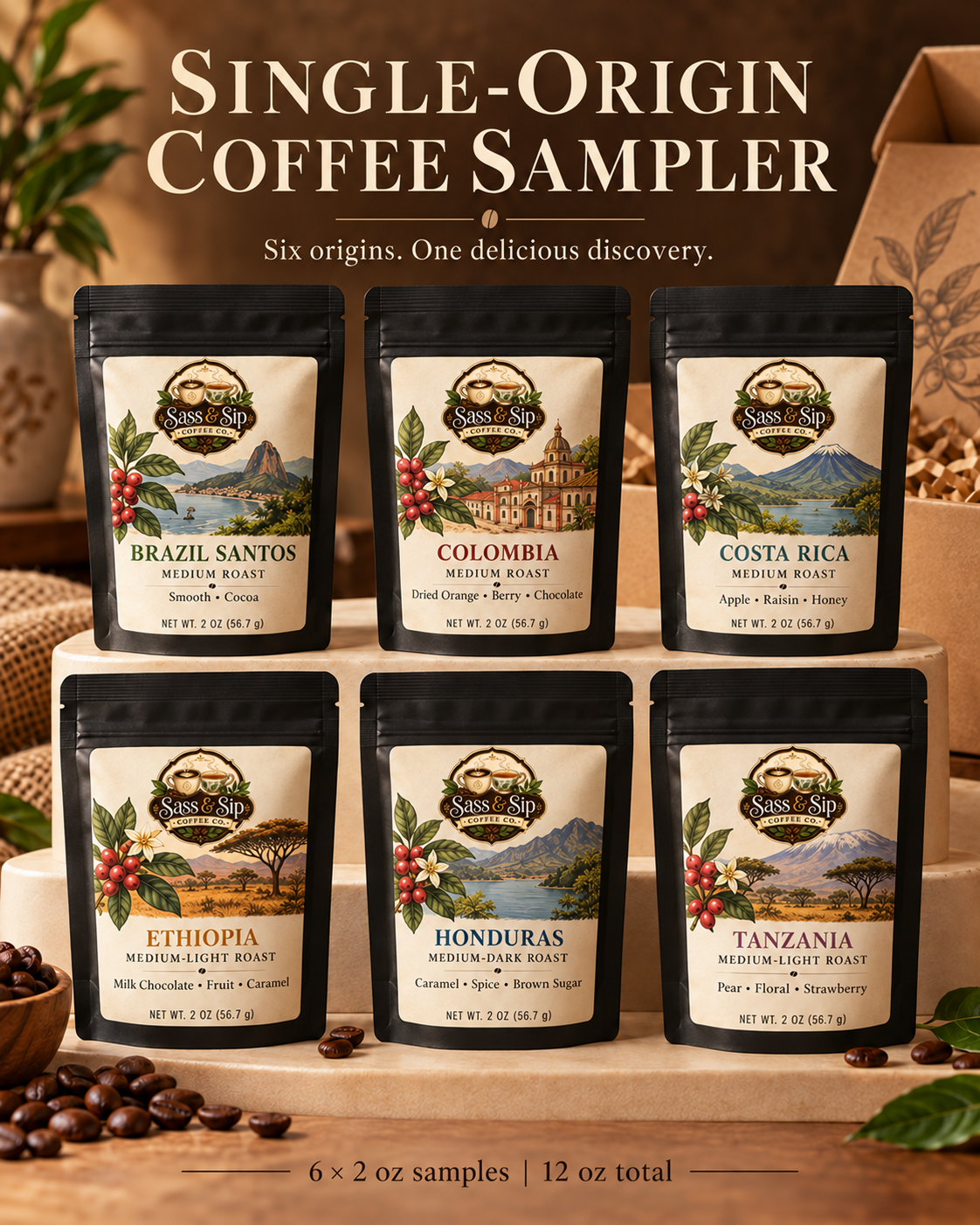 The Worldly Sassy Sampler: 6 single-origin coffees in 2 oz packs from Sass & Sip Coffee Co.