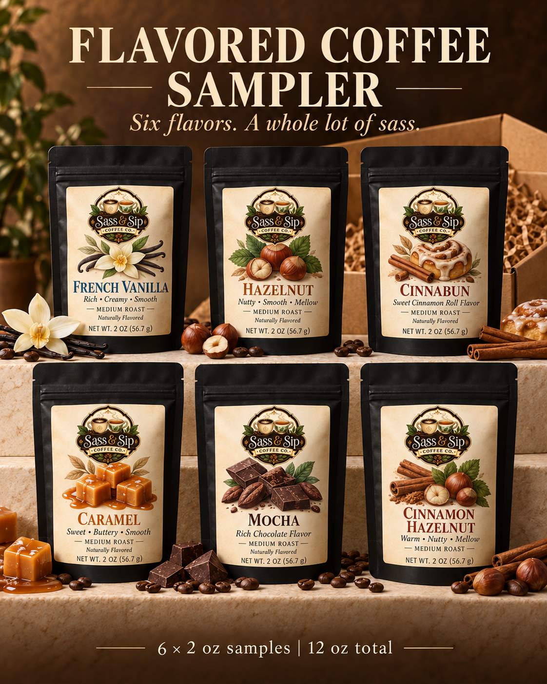 The Flavor With Attitude Sampler: 6 flavored coffees in 2 oz packs from Sass & Sip Coffee Co.