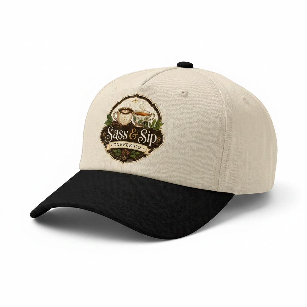 Black/Natural 5-panel cap with Sass & Sip Coffee Co. logo