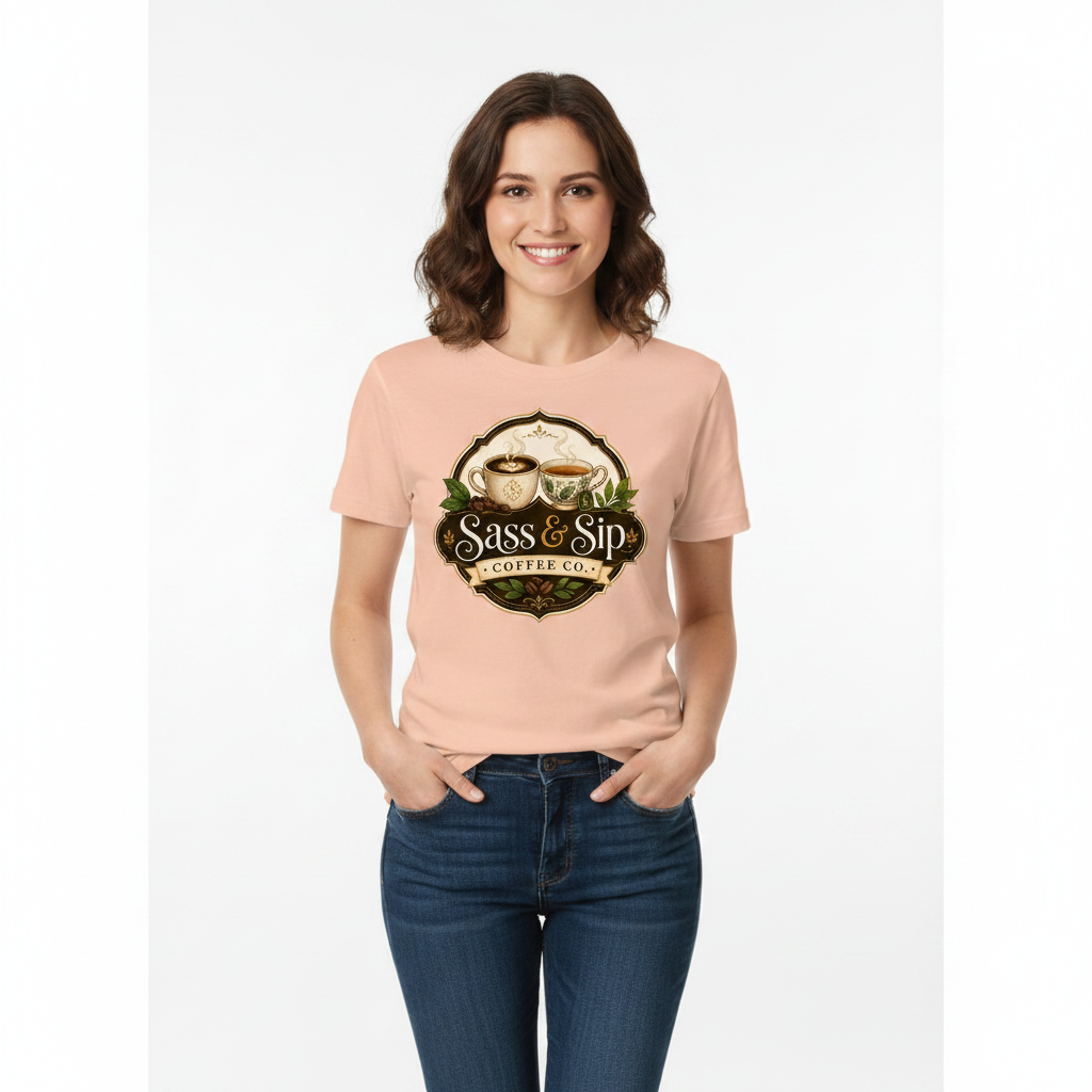 Fraiche Peche Organic Sassy Tee with Sass & Sip Coffee Co. logo