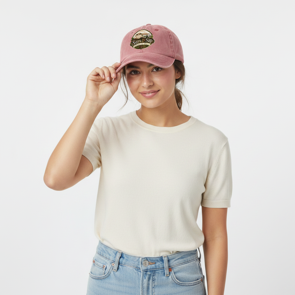Dusty Rose Garment Washed Baseball Cap with Sass & Sip Coffee Co. logo