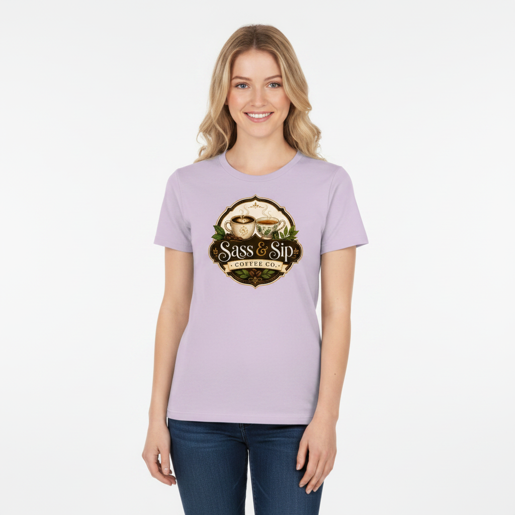 Lavender Organic Sassy Tee with Sass & Sip Coffee Co. logo