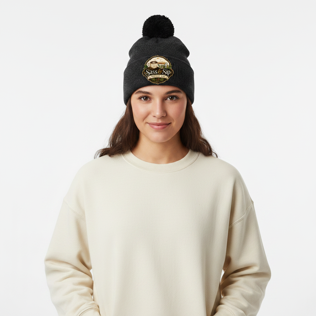 Dark Heather Grey/Black Pom-Pom Beanie with Sass & Sip Coffee Co. logo