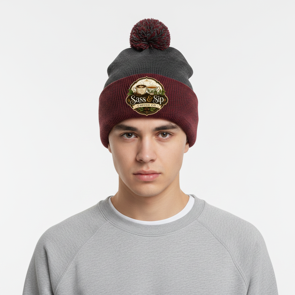 Dark Heather Grey/Red Pom-Pom Beanie with Sass & Sip Coffee Co. logo