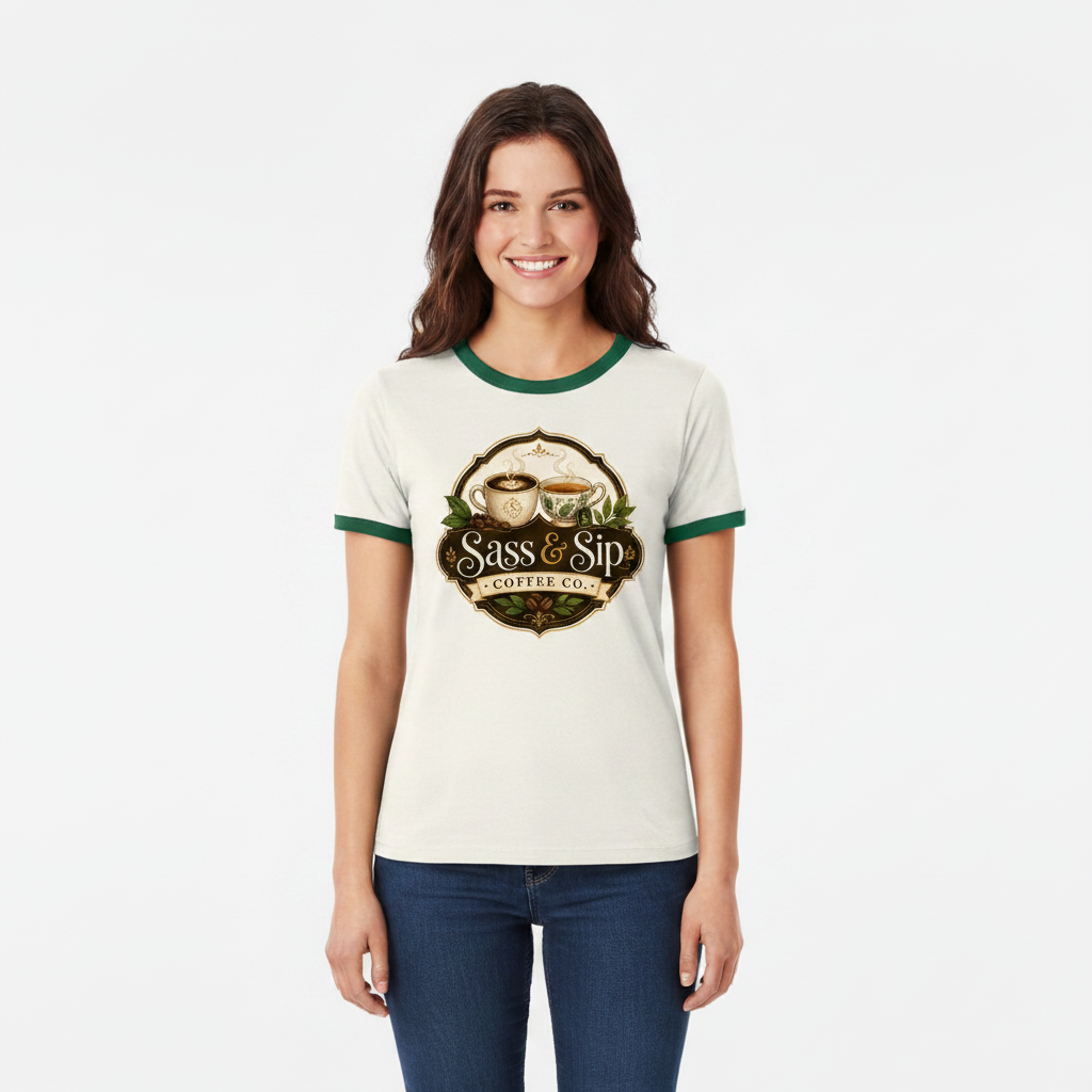 Natural / Forest Green Retro Roast Ringer Tee with Sass & Sip Coffee Co. logo