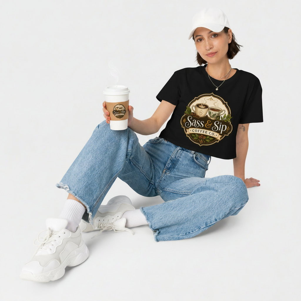 Black Cropped & Caffeinated Tee with Sass & Sip Coffee Co. logo