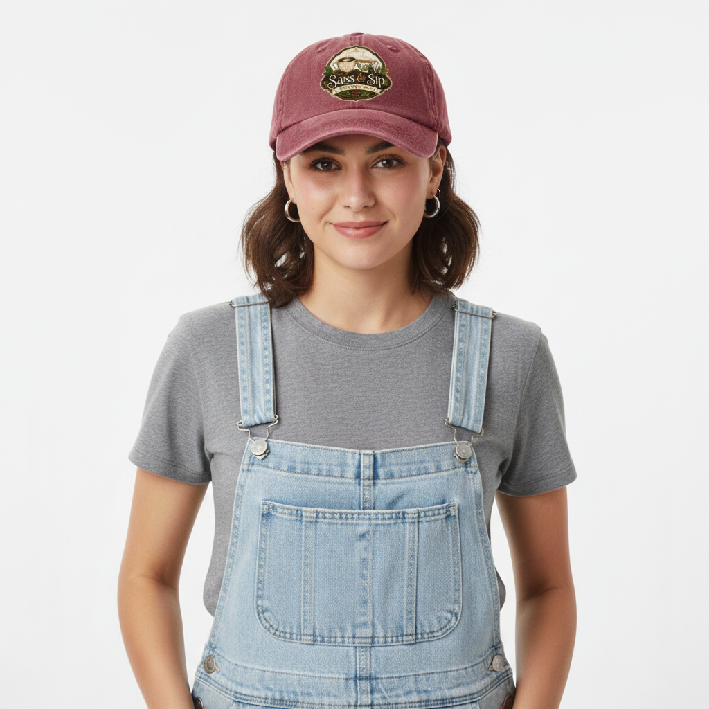 Maroon Garment Washed Baseball Cap with Sass & Sip Coffee Co. logo