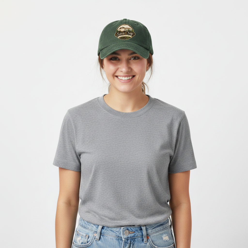Dark Green/Khaki Garment Washed Baseball Cap with Sass & Sip Coffee Co. logo