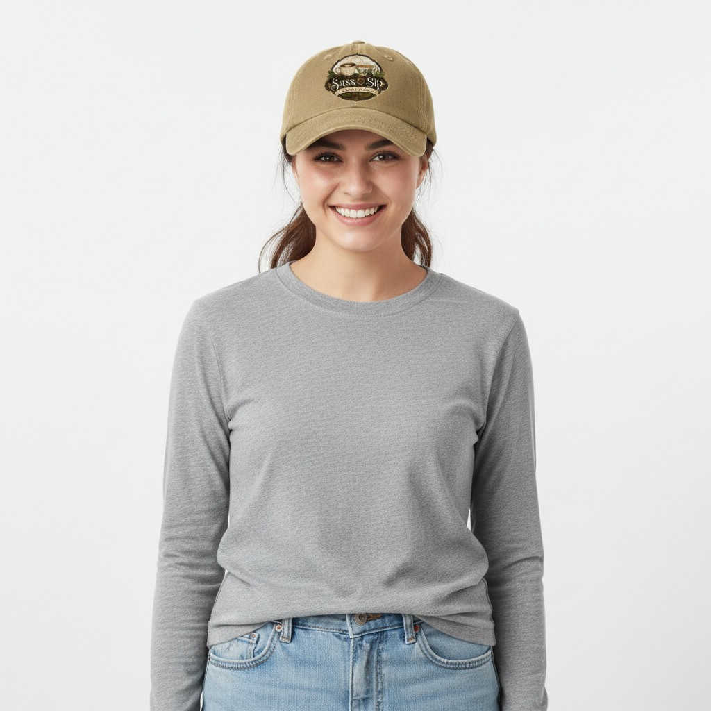 Navy/Khaki Garment Washed Baseball Cap with Sass & Sip Coffee Co. logo