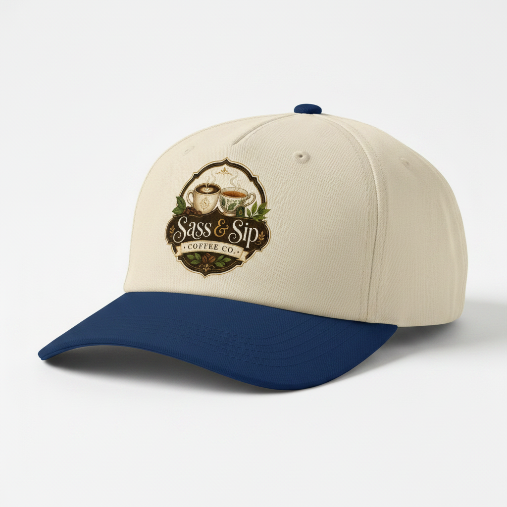 Royal/Natural 5-panel cap with Sass & Sip Coffee Co. logo