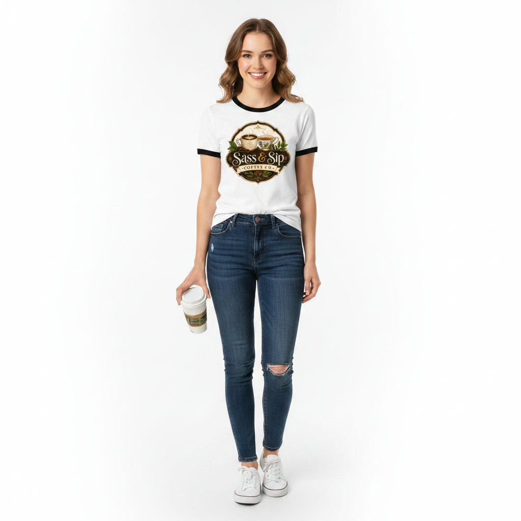 White / Black Retro Roast Ringer Tee with Sass & Sip Coffee Co. logo