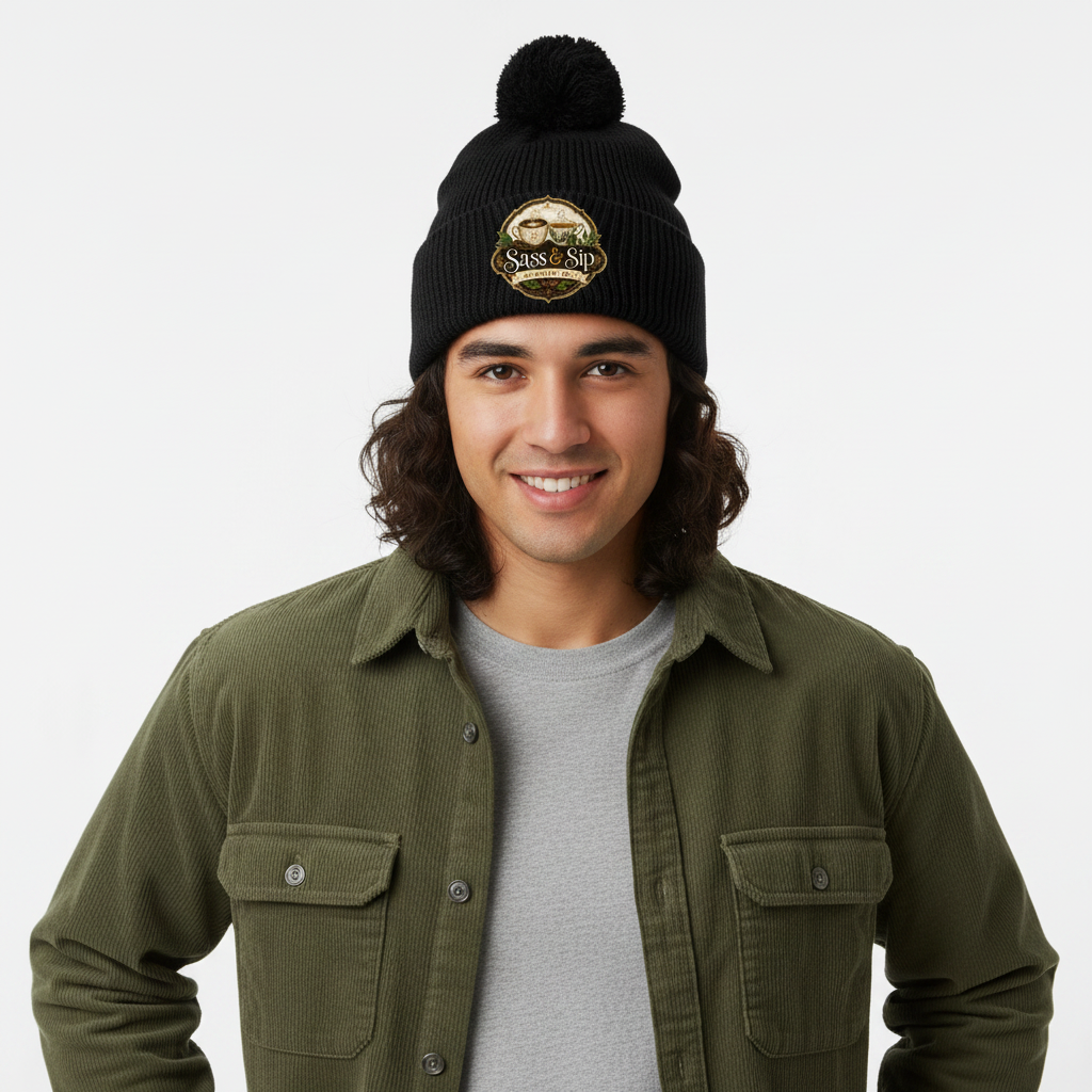 Black Pom-Pom Beanie with Sass & Sip Coffee Co. logo