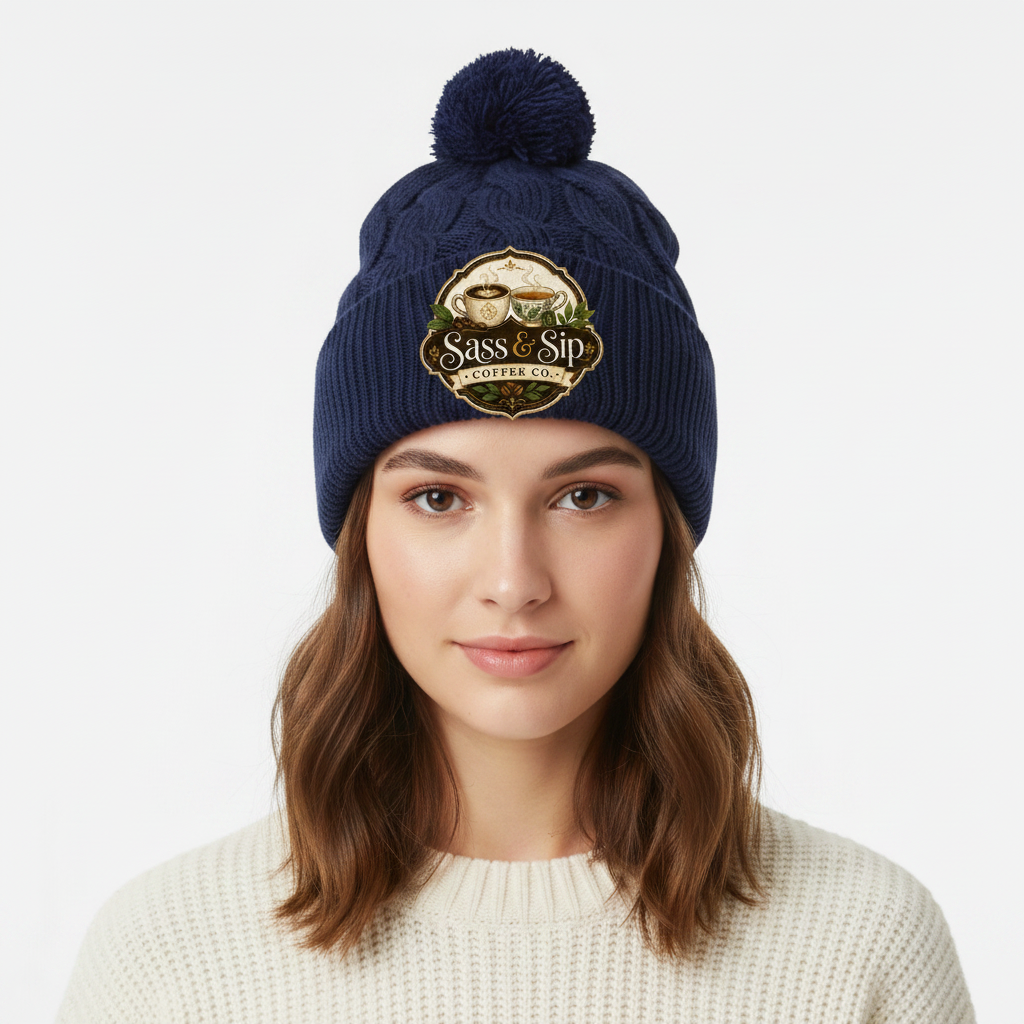 Navy Pom-Pom Beanie with Sass & Sip Coffee Co. logo