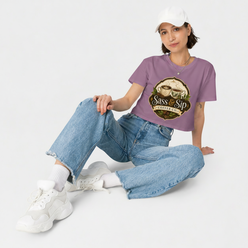 Orchid Cropped & Caffeinated Tee with Sass & Sip Coffee Co. logo
