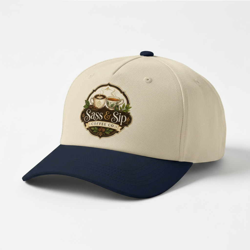 Navy/Natural 5-panel cap with Sass & Sip Coffee Co. logo
