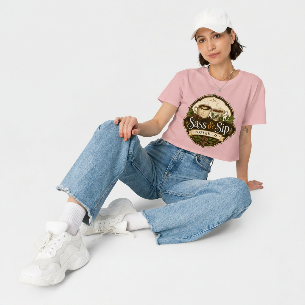 Hazy Pink Cropped & Caffeinated Tee with Sass & Sip Coffee Co. logo