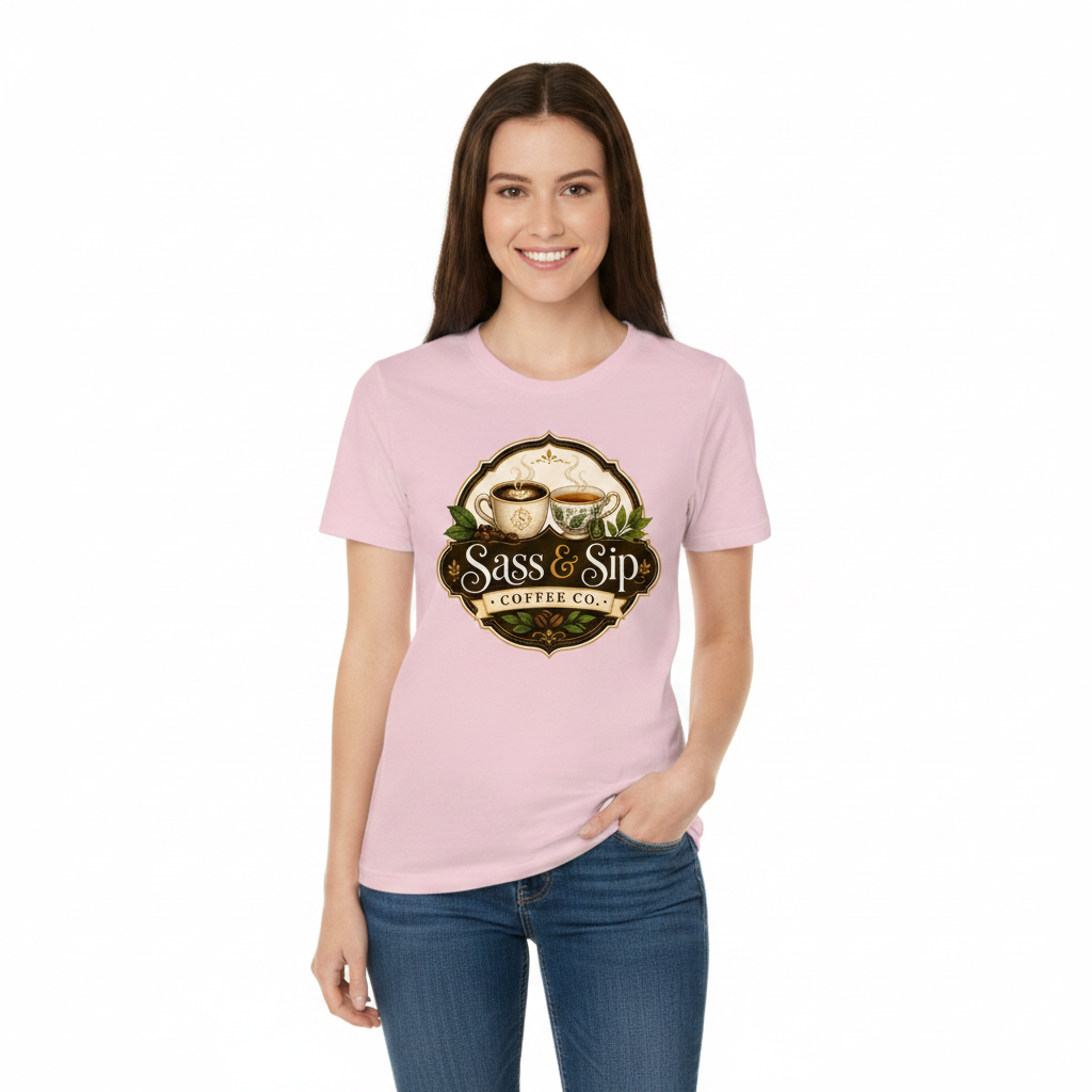 Cotton Pink Organic Sassy Tee with Sass & Sip Coffee Co. logo