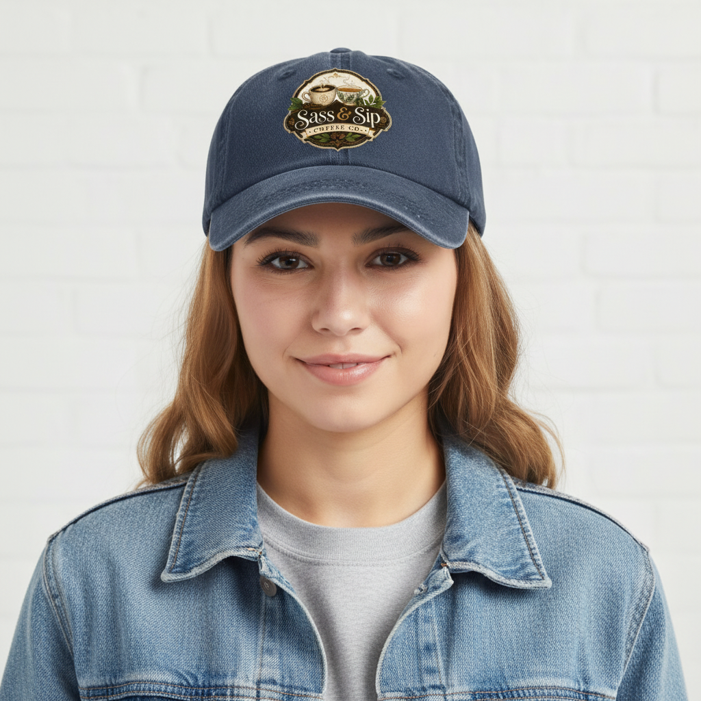 Navy Garment Washed Baseball Cap with Sass & Sip Coffee Co. logo