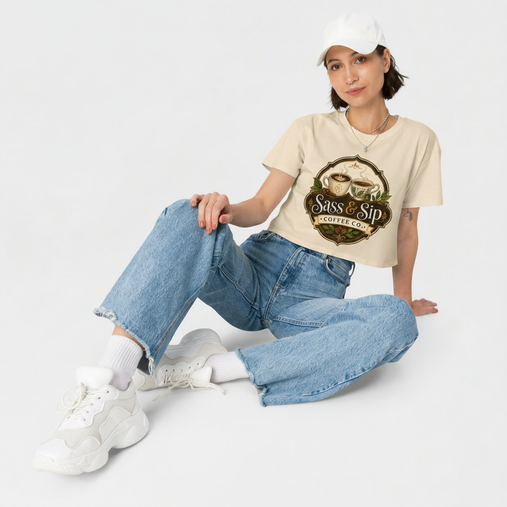 Ecru Cropped & Caffeinated Tee with Sass & Sip Coffee Co. logo