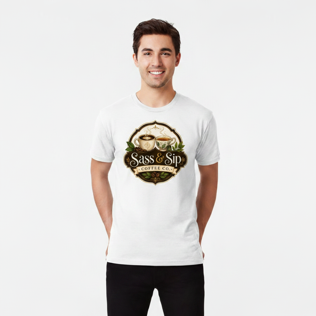 White Heavyweight Caffeine Attitude Tee with Sass & Sip Coffee Co. logo