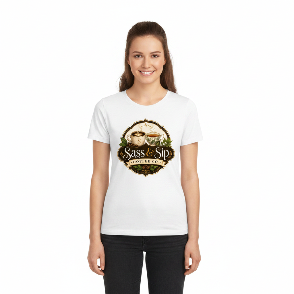 White Organic Sassy Tee with Sass & Sip Coffee Co. logo
