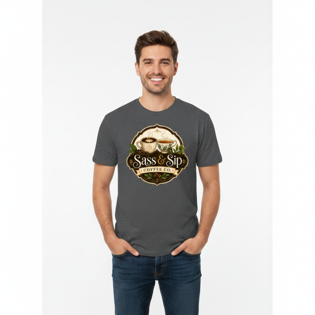 Carbon Grey Heavyweight Caffeine Attitude Tee with Sass & Sip Coffee Co. logo