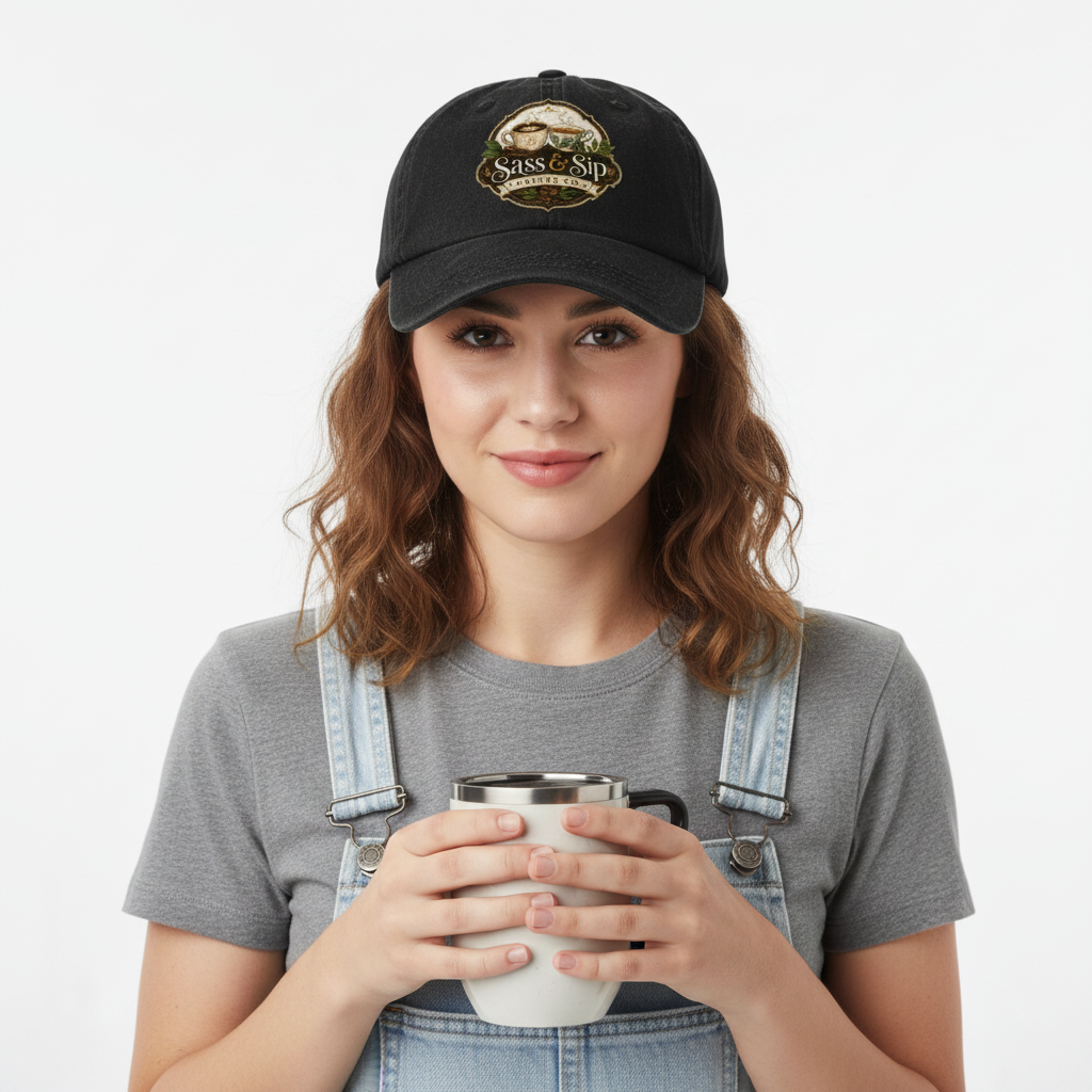 Black Garment Washed Baseball Cap with Sass & Sip Coffee Co. logo