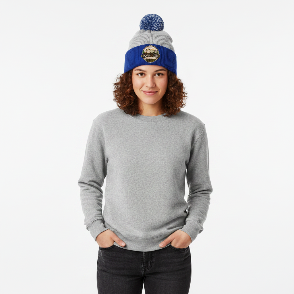 Royal/Heather Grey Pom-Pom Beanie with Sass & Sip Coffee Co. logo