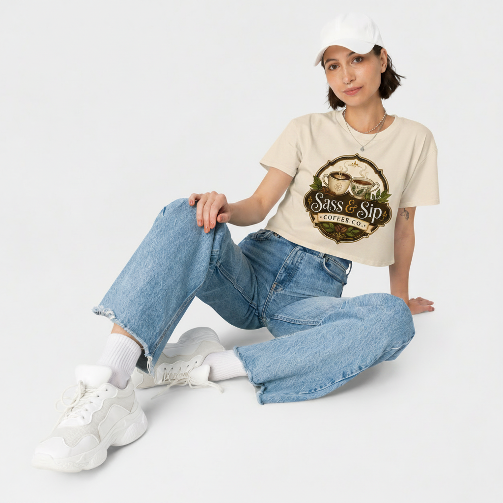 Bone Cropped & Caffeinated Tee with Sass & Sip Coffee Co. logo