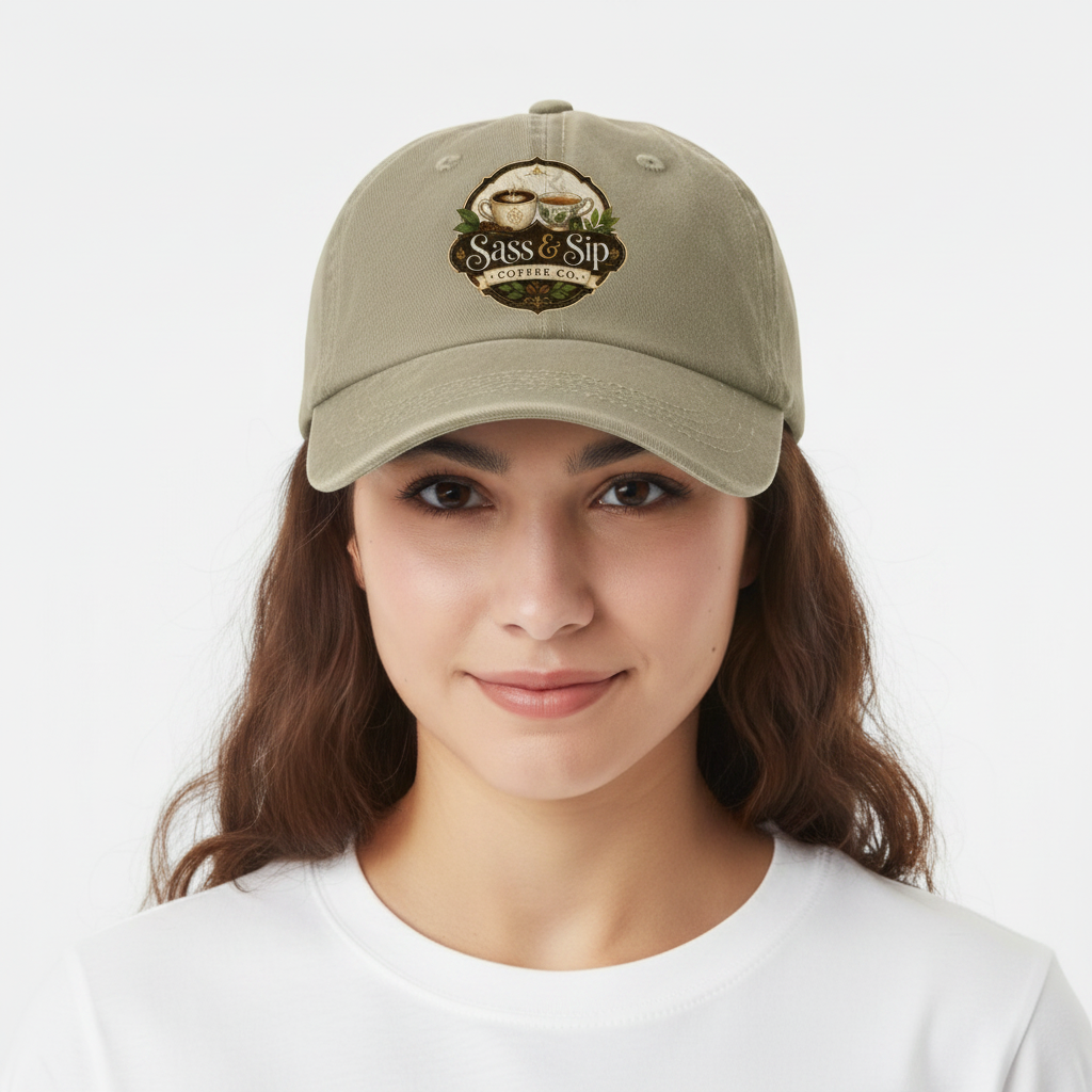 Khaki Garment Washed Baseball Cap with Sass & Sip Coffee Co. logo