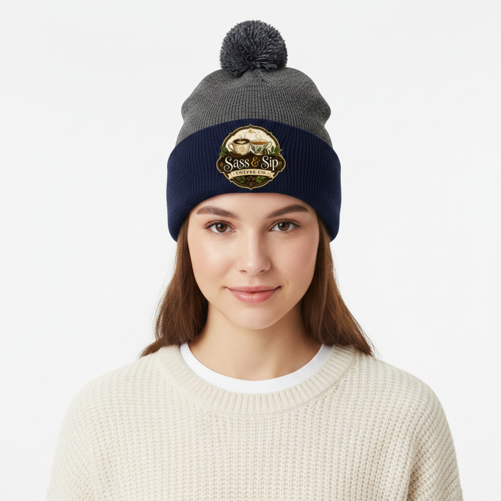 Dark Heather Grey/Navy Pom-Pom Beanie with Sass & Sip Coffee Co. logo