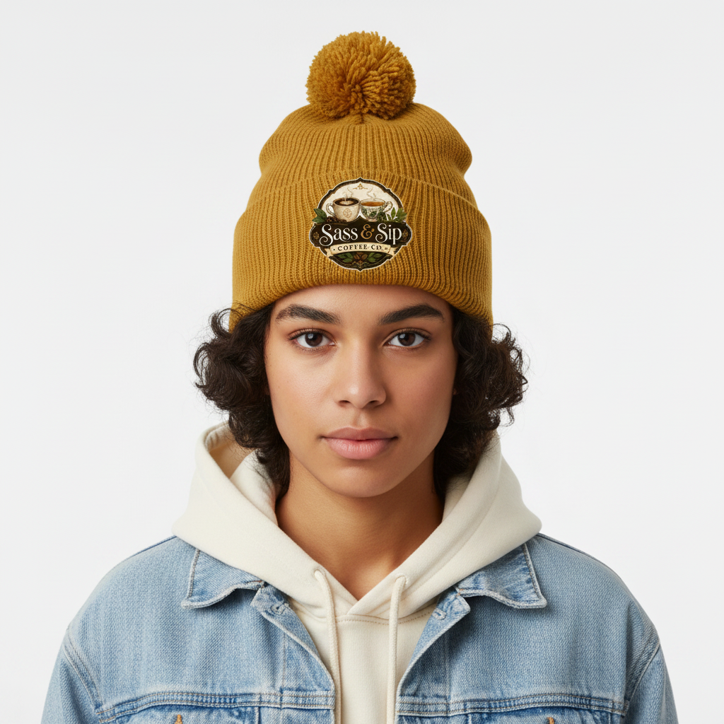 Gold Pom-Pom Beanie with Sass & Sip Coffee Co. logo