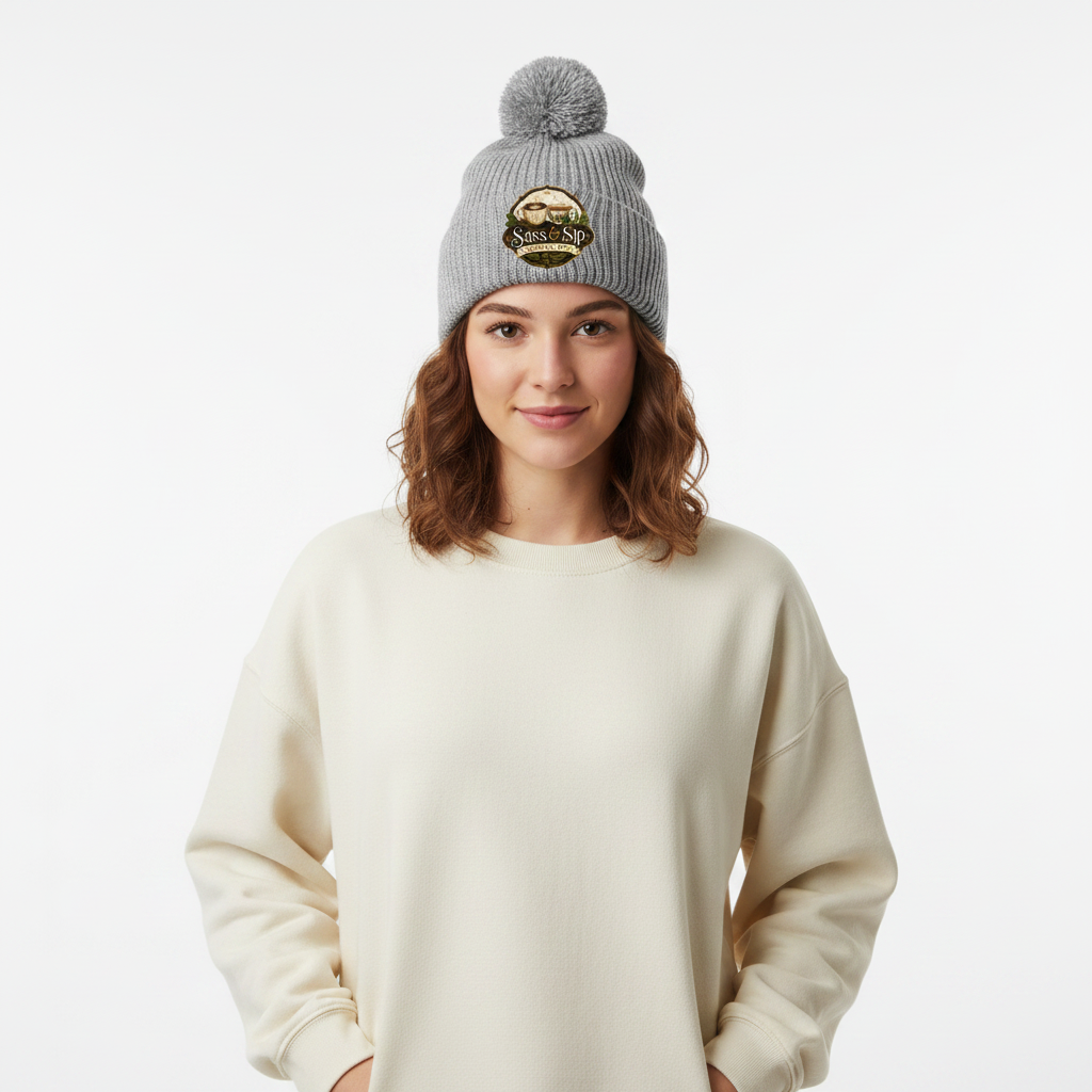 Heather Grey Pom-Pom Beanie with Sass & Sip Coffee Co. logo