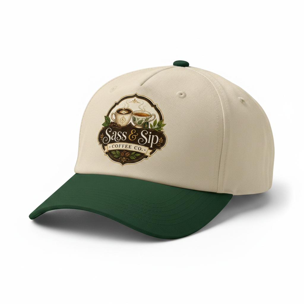 Dark Green/Natural 5-panel cap with Sass & Sip Coffee Co. logo