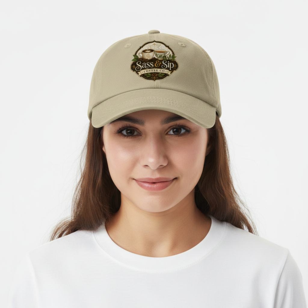 Khaki Dad or Mom Hat with Sass & Sip Coffee Co. logo