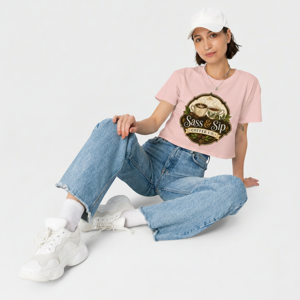 Pale Pink Cropped & Caffeinated Tee with Sass & Sip Coffee Co. logo