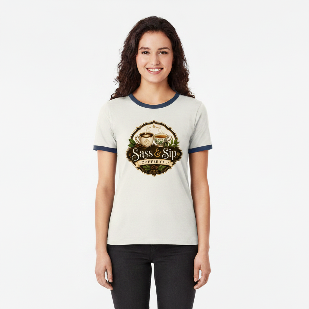 Natural / Midnight Navy Retro Roast Ringer Tee with Sass & Sip Coffee Co. logo