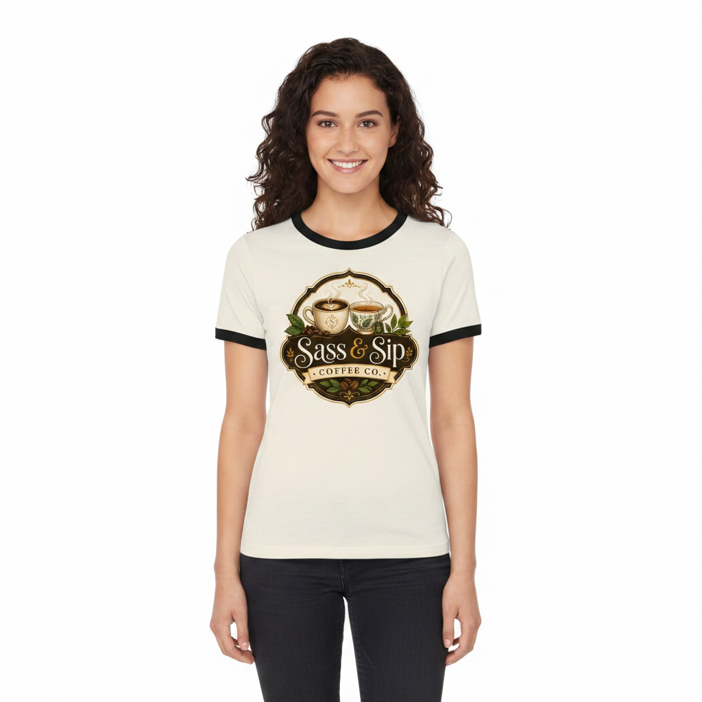 Natural / Black Retro Roast Ringer Tee with Sass & Sip Coffee Co. logo