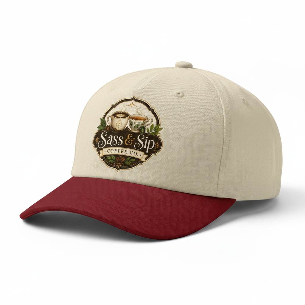Red/Natural 5-panel cap with Sass & Sip Coffee Co. logo