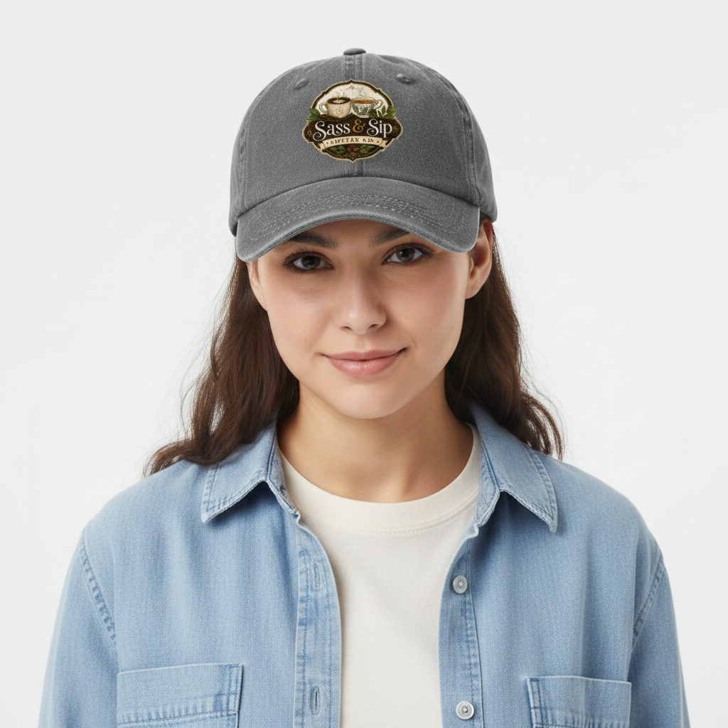 Gray Garment Washed Baseball Cap with Sass & Sip Coffee Co. logo