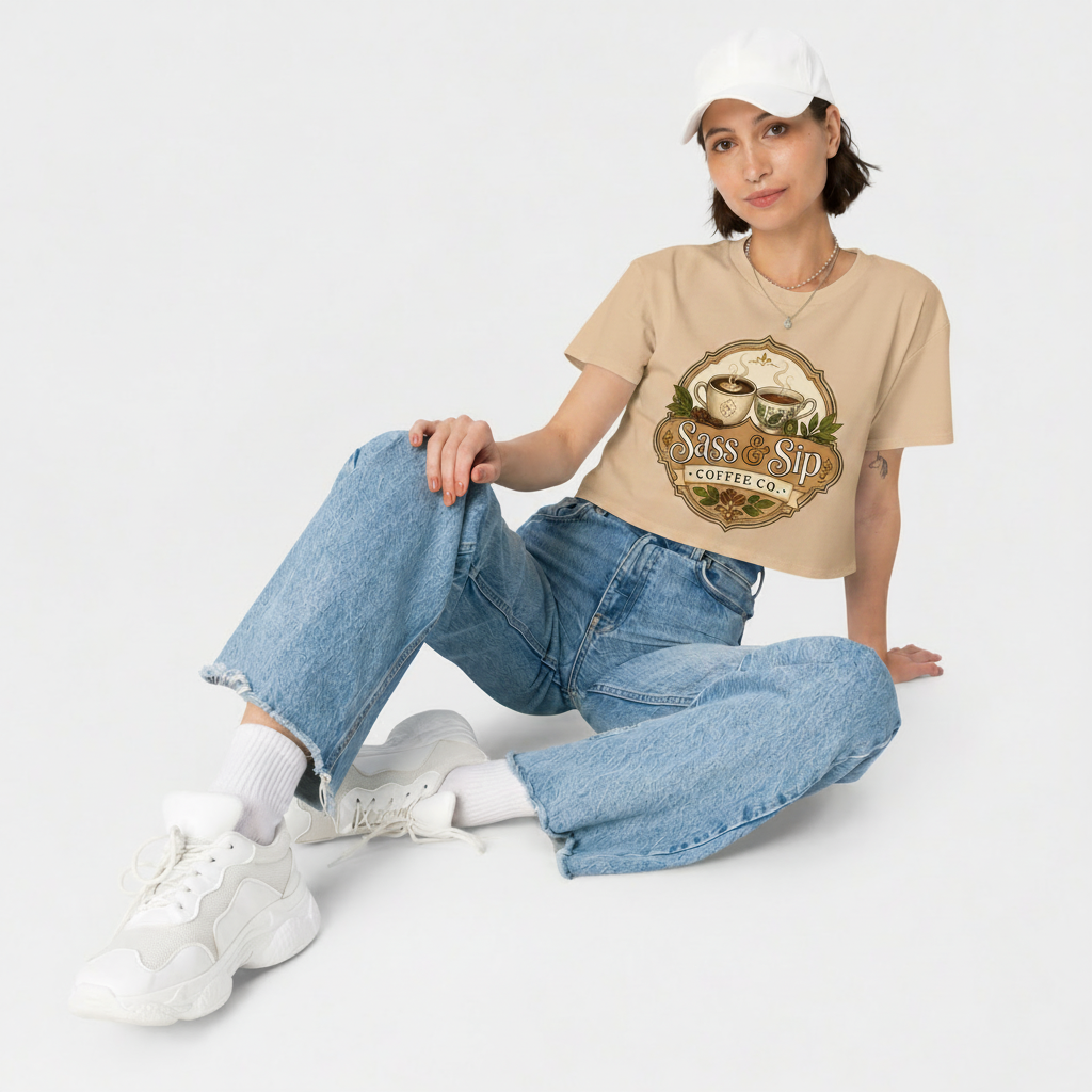 Natural Cropped & Caffeinated Tee with Sass & Sip Coffee Co. logo